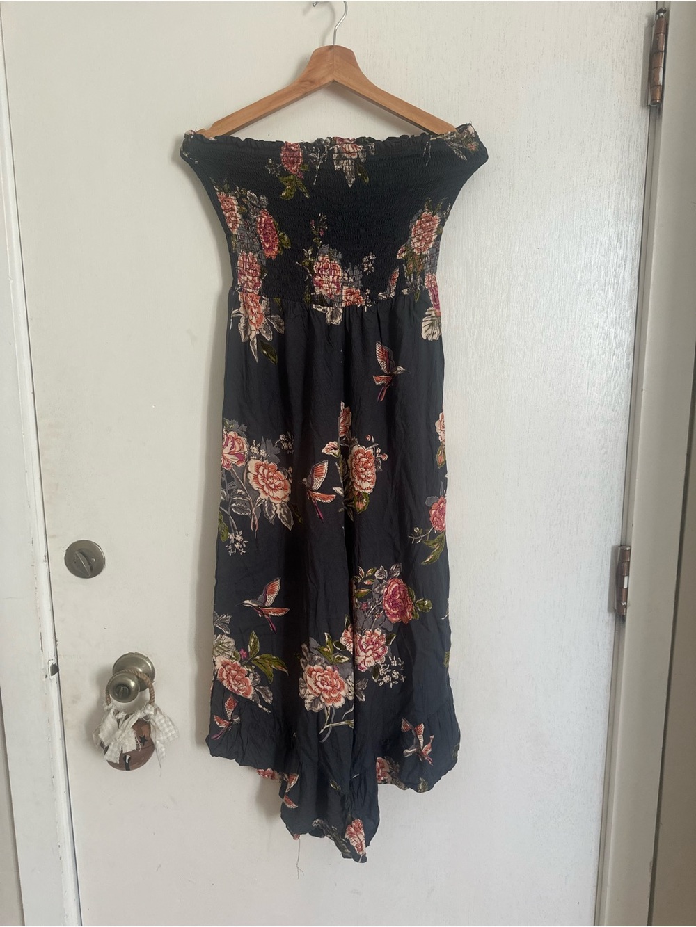Angie Black Floral Strapless Midi Jumpsuit- Smocked Bodice